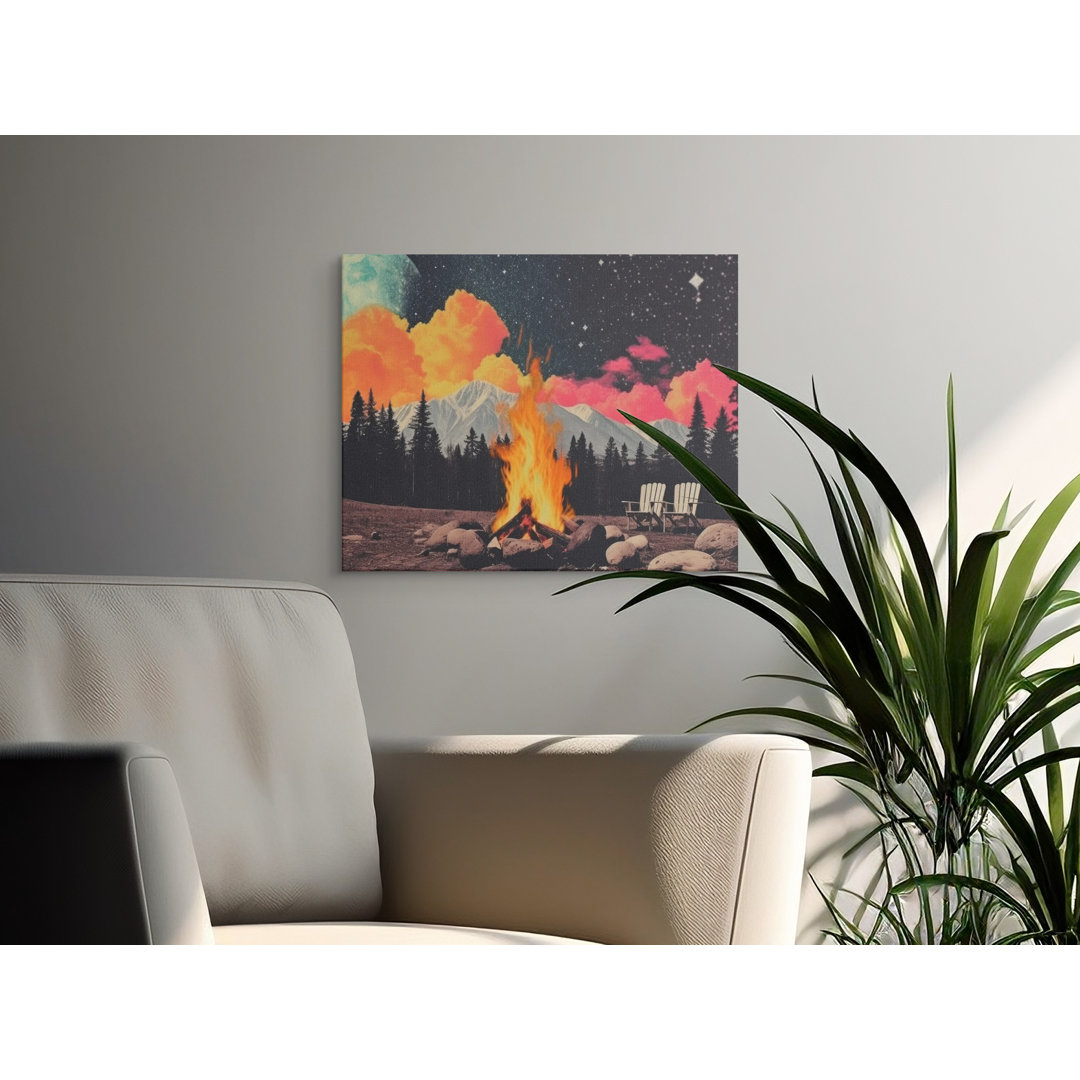 Campfire Canvas Wall Art, Moonlit Night Scene, Gallery Wrapped Print, Modern Decor, Ready to Hang, Archival Quality, Statement Piece