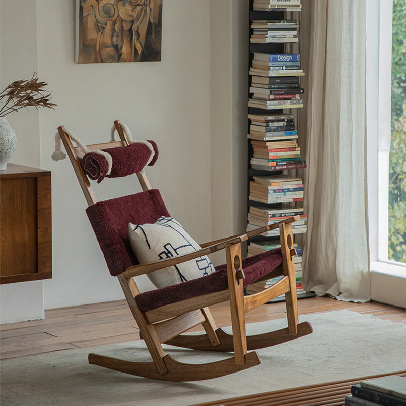 Chaise berçante simple en bois massif, Rouge vin