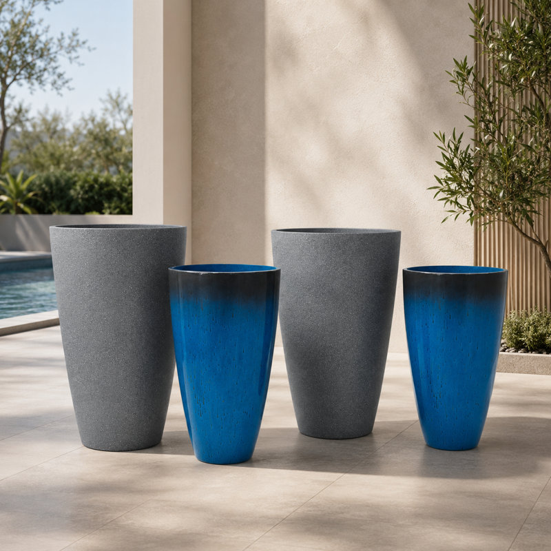 Ensemble de 4 pots à fleurs modernes en résine à finition mixte avec soucoupes et écrans de drainage, bleu brillant et gris anthracite moucheté