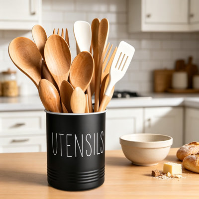 Kitchen Utensil Holder for Countertop, Farmhouse Style Utensil Crock with Cork Bottom, Rustic Black Metal Cooking Utensil Organizer Caddy for Kitchen