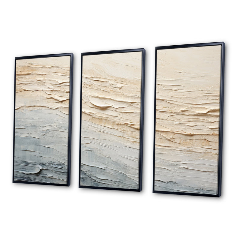 «Modern Coastal Beige And Grey River I - Coastal Ocean, ensemble d'art sur toile, Cadre flottant noir