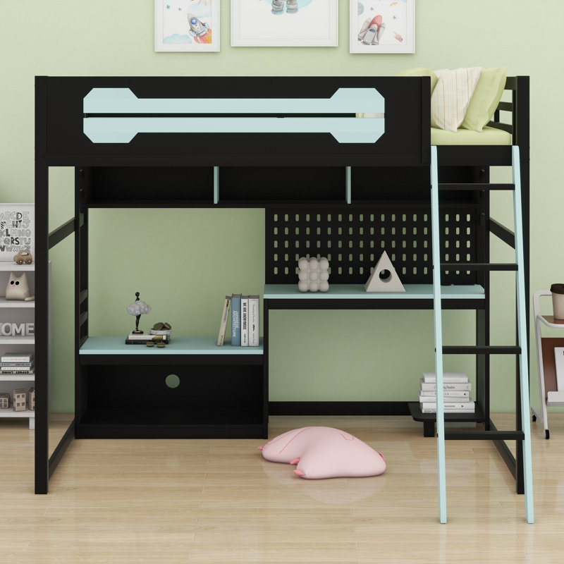 Wood Loft Bed With Desk, Black/Blue
