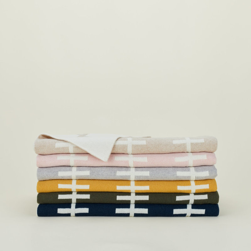 Cross Knitted Throw Blanket, White/Mustard