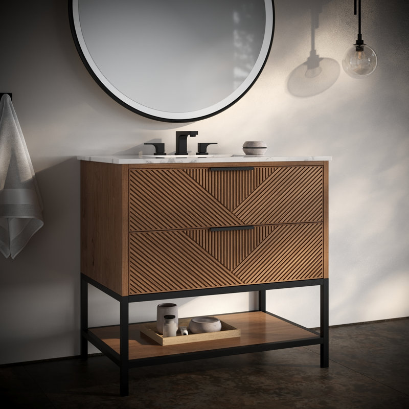 Diamond 36'' W Single Vanity, Matte Black, Walnut, White Quartz