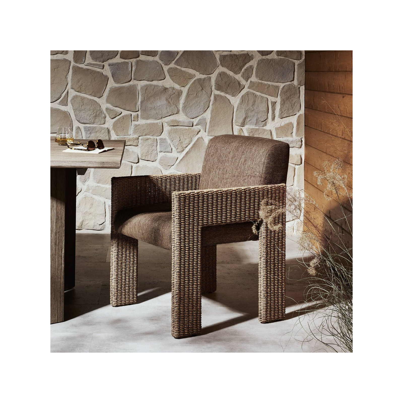Easley Patio Dining Armchair with Cushion, Chocolate Performance Olefin, Chocolate Wicker