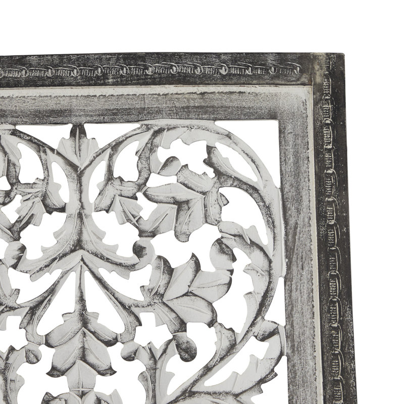 Gray Mango Wood Handmade Intricately Carved Floral Wall Panel