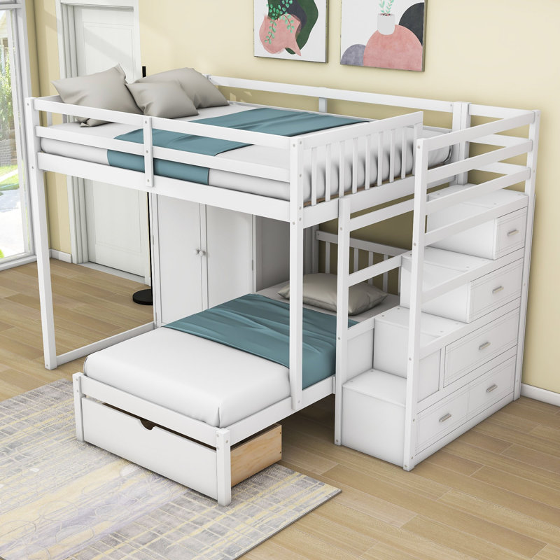 Lit superposé double au-dessus de simple avec 5 tiroirs, escalier et garde-robe, Blanc