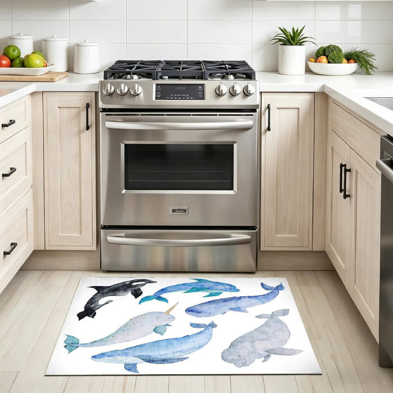 Tapis d'intérieur bleu aquarelle bleu baleine lavable à la machine, Rectangle 32" x 47"