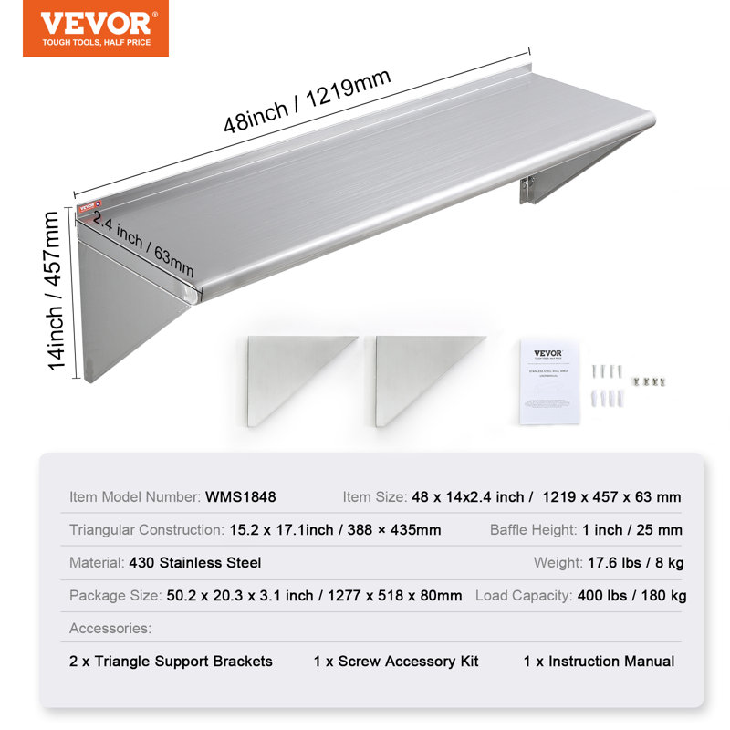 Stainless Steel Wall Mounted Kitchen Shelf with Brackets