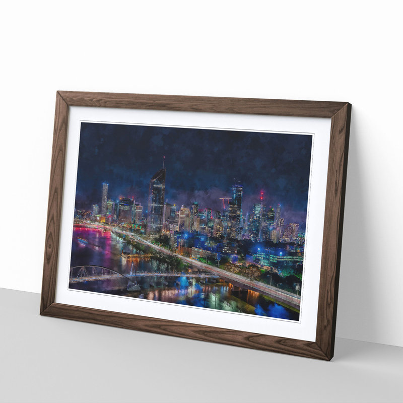 Brisbane City Skyline Australia Painting - Single Picture Frame Print on MDF, 62cm H x 87cm W x 2cm D, Walnut