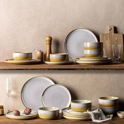 Ceramic Dinnerware Sets for 4, 12 Pieces Handmade Reactive Glaze Plates and Bowls Set, Scratch Resistant Dish Set, Oven & Microwave & Dishwasher Safe, Autumn Haze