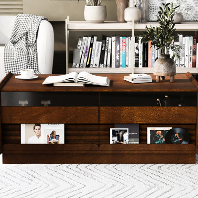 Rectangular Coffee Table With 4 Drawers, 2 Display Shelves, Fluted Design, And Tempered Glass For Dining Room Organization Vintage - Style 47.2" Rectangle Grooved Details, Home