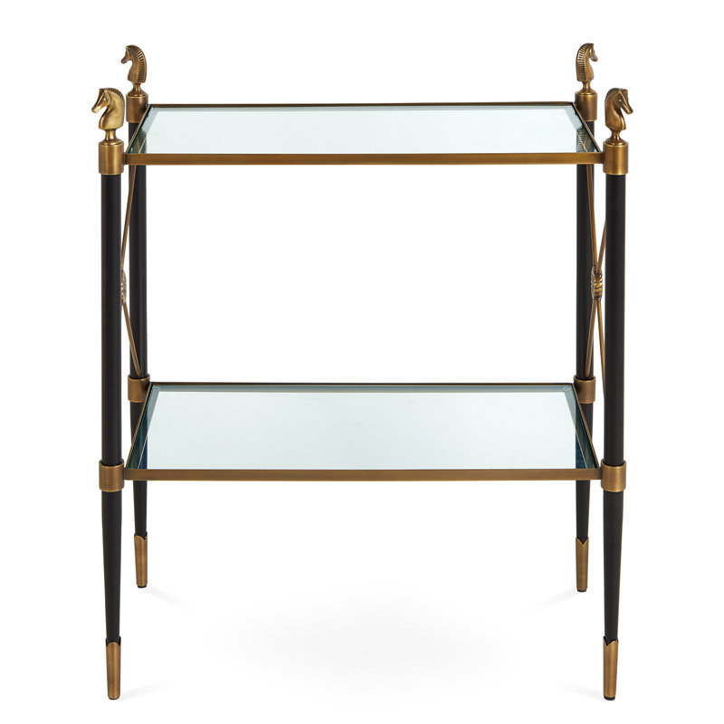 Black and Antique Brass Two-Tier Side Table with Glass Shelves