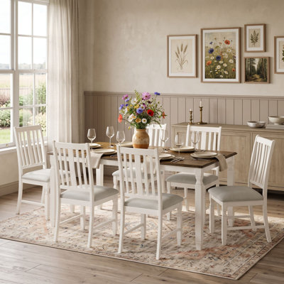 7-Piece Extendable Dining Room Set, Rectangular Table with Removable Leaf and 6 Upholstered Chairs