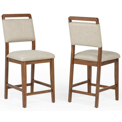 2pc Counter Height Chair Stool Fabric Upholstered with Plush Rich Wood Brown Finish Wood Frame Dining Room Wooden Furniture