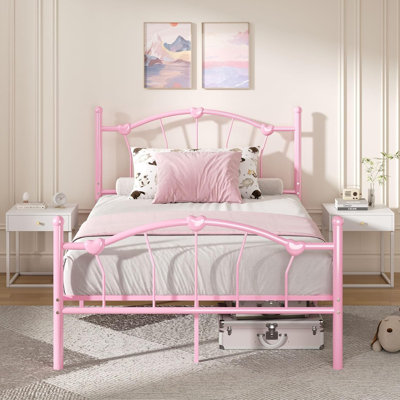 Metal Bed Frame,Heart-Shaped Decorative Headboard and Footboard, Heavy Duty Metal Slat Support by Winston Porter
