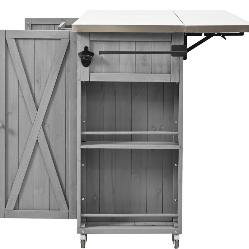 Grey Outdoor Kitchen Island - Solid Fir Wood & Stainless Steel, Foldable Tabletop, Versatile Storage, Towel Rack, Spice Built-In Bottle Opener, Lockable Wheels For Functional And Relaxing Gatherings