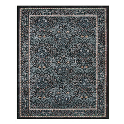  Vintage Floral Washable 8X10 Black Indoor Area Rugs for Living Room Bedroom, Boho Non-Slip Forest Carpet Rug for Entryway
