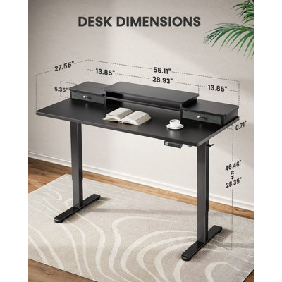 55" Electric Adjustable Standing Desk with Dual-Tier Monitor Shelf, 4 Memory Presets, and 2 Drawers - Black