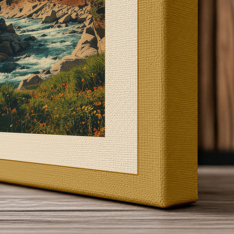 Mountain Valley at Sunrise Rustic - Wrapped Canvas, 36x24 - 91.4 x 61.0 cm, Ochre Border