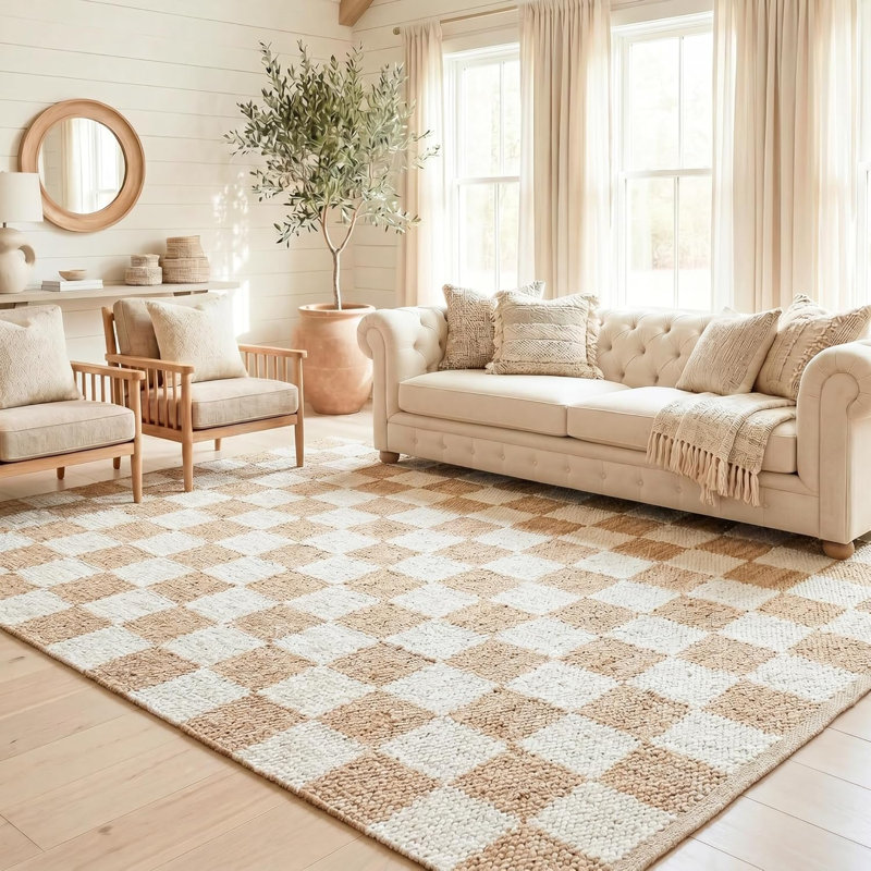 Mesa Beige and Ivory Checkered Area Rug / Jute Natural Rugs for Living Room for Farmhouse Decor, 8x10