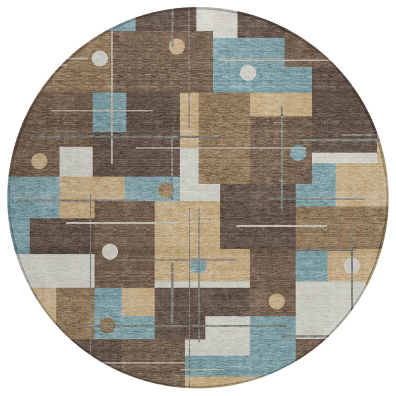 Machine Washable Indoor/Outdoor Chantille ACN2716 Geometric Rug, Brown, 8' Round