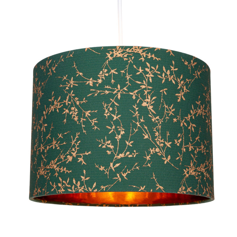 Modern Soft Cotton Fabric Lamp Shade with Shiny Foil Floral Decoration, 18cm H x 25cm W x 25cm D, Green