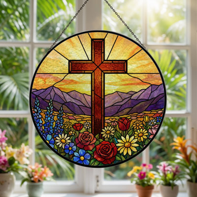 7.8"H Cross Landscape Stained Glass Window Panel