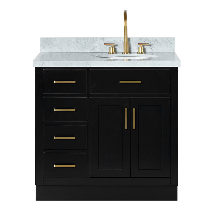 ARIEL HEPBURN 37 IN RIGHT OFFSET RECTANGULAR SINK VANITY 1,5 IN, Black/Brass, Oval, Right