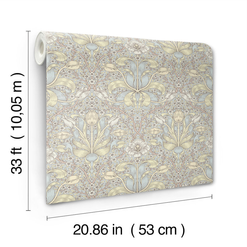 Spring Thicket Blue Tulip Damask Wallpaper, Light Gray