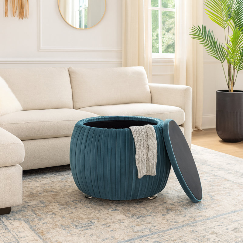 Conover Glamorous Velvet Round Storage Stool with Cushioned Seat – Vanity Stool or Foot Stool with Hidden Compartment – Backless Accent Stool for Compact Seating in Living Room, Bedroom, or Home Décor – Teal