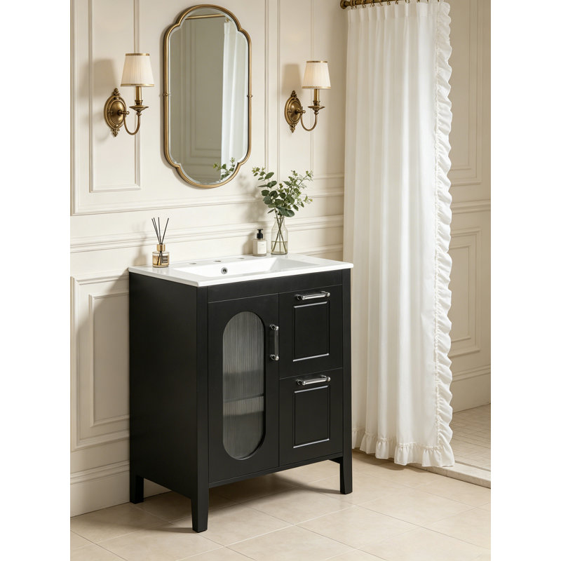 Meuble-lavabo de 24 po avec lavabo, meuble de rangement autoportant avec tiroirs et tablette réglable, meuble-lavabo en bois aggloméré
