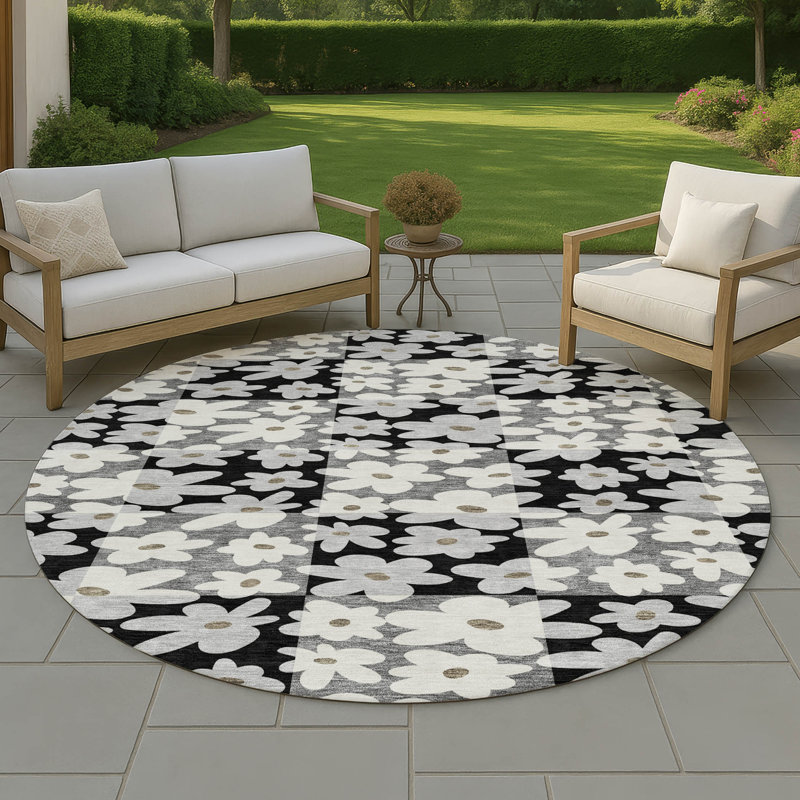 Machine Washable Indoor/Outdoor Chantille ACN2476 Floral Rug, 3' x 5', Black