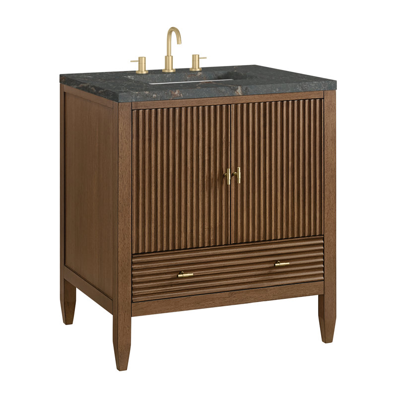 Myrrin 30" W Single Vanity, Parisien Bleu Silestone, Mid-Century Walnut, 8" Widespread