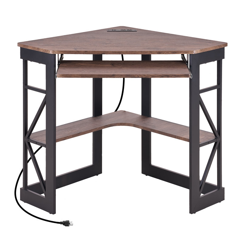 Lambrecht Corner Desk With Outlets & USB Ports, Triangle Computer Desk With Charging Station, Storage Shelf, Space Saving Writing Desk For Small Space