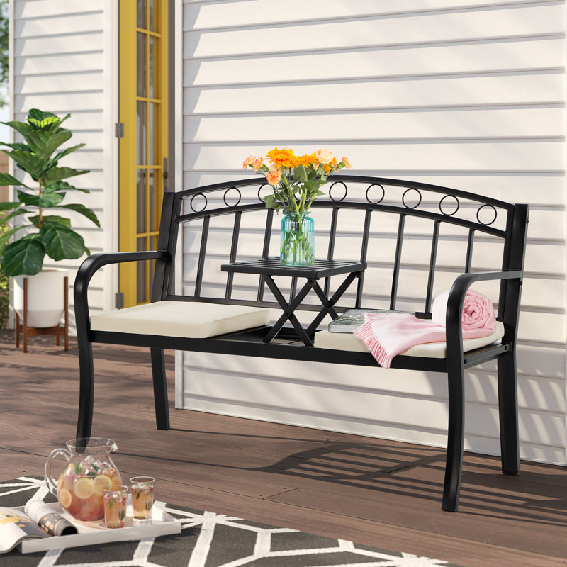 Black Metal 2-Seat Outdoor Bench with Pullout Table and Cushions