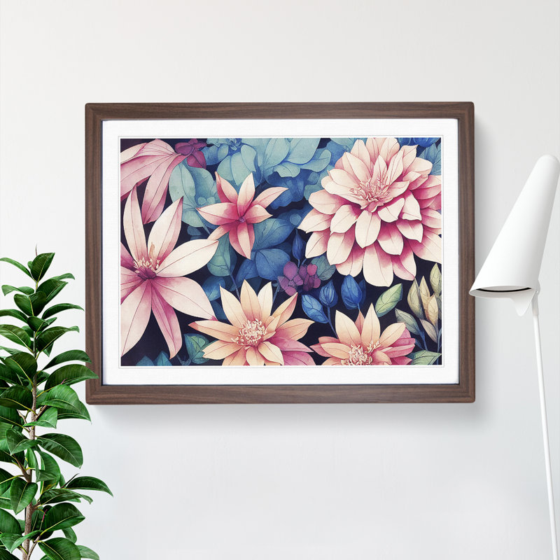 Boundless Watercolour Flowers - Single Picture Frame Painting, Walnut Framed, 46cm H x 64cm W x 2cm D