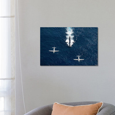 Two P-3 Orion Maritime Surveillance Aircraft Fly over Attack Submarine USS Houston 1 Piece Wrapped Canvas Wall Art