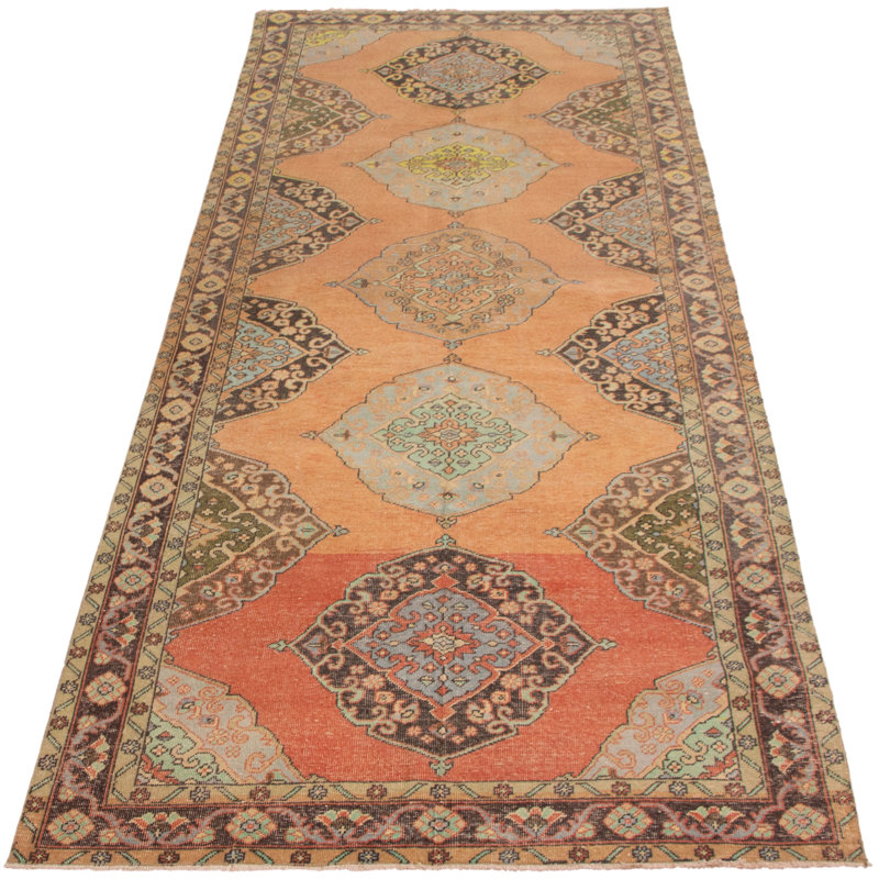 Tapis de couloir unique en laine noué à la main de style années 1990 de 4 pi 9 po x 12 pi 9 po Moumna