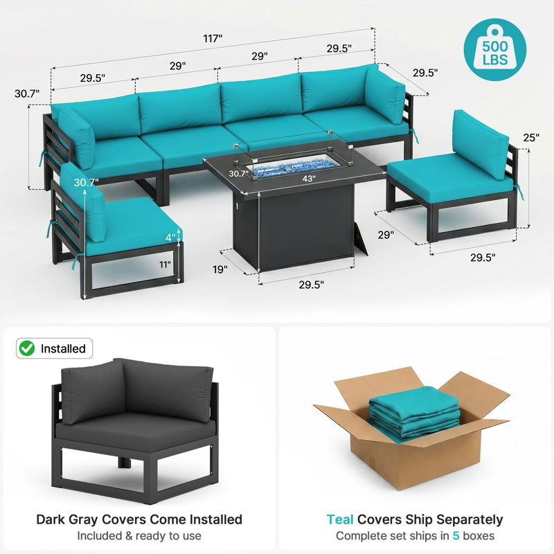 Tuyen 7-Piece 6-Person Outdoor Patio All-Aluminum Sectional Conversation Set with 60,000 BTU Fire Pit Table and 4" High-Resilience Foam Cushions