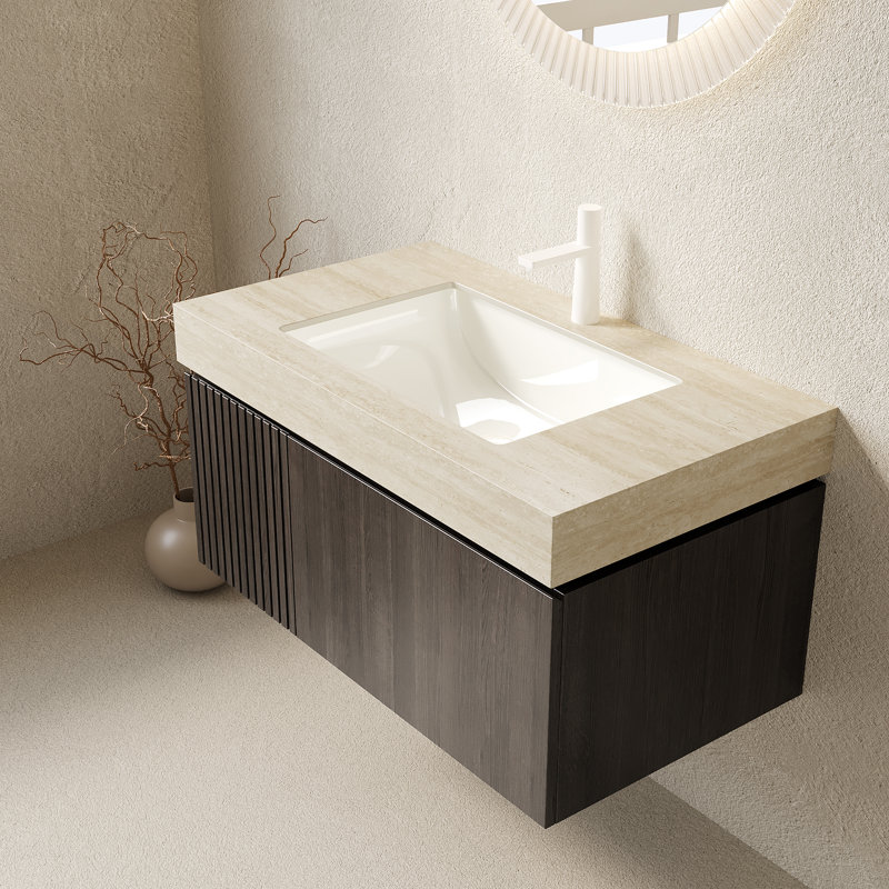 36 po. Comptoir en pierre frittée à motif de travertin 36 po Muri Roma et vasque en céramique encastrée avec un trou de robinet pré-percé standard, sans armoire, sans robinet et couvercle d'évier