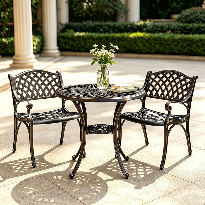 Cast Aluninum Bistro Patio Set 3 Piece Metal Outdoor Bistro Table and Chairs Set of 2 for Garden，Bronze