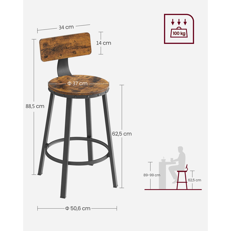 Bar Stools Kitchen Stools Set Of 2 High Back Bar Stools Steel Frame 62.5Cm High Seat Easy Assembly Industrial Rustic Brown And Black