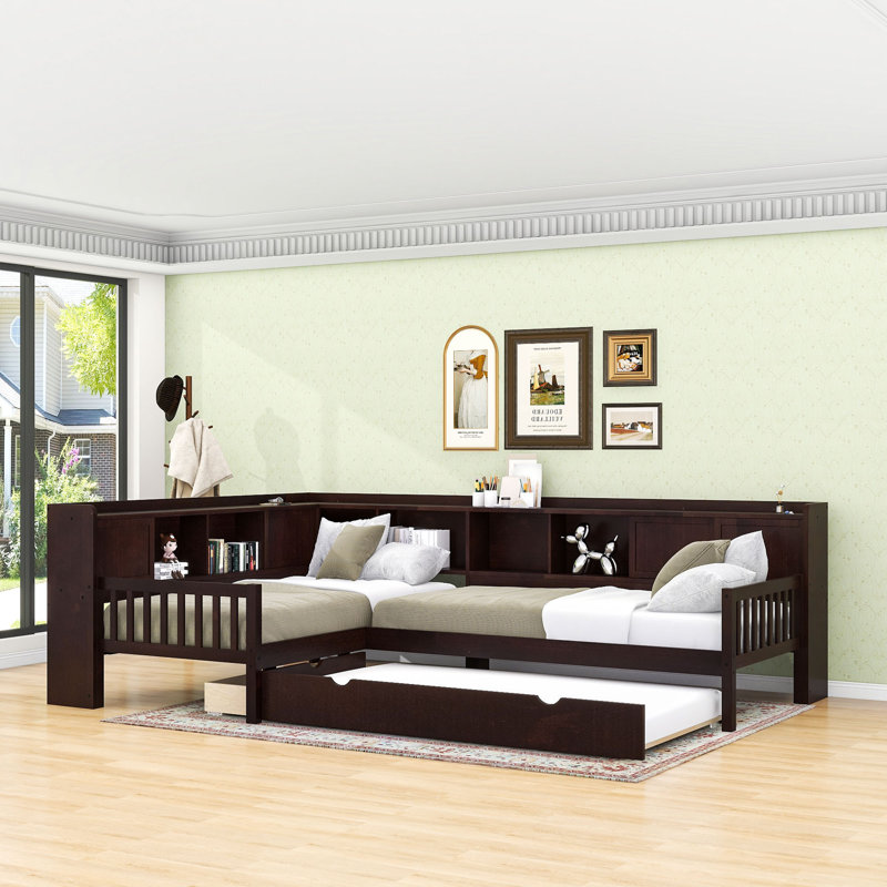 L-Shaped Twin Platform Bed With Twin Trundle And Storage Drawers, Espresso