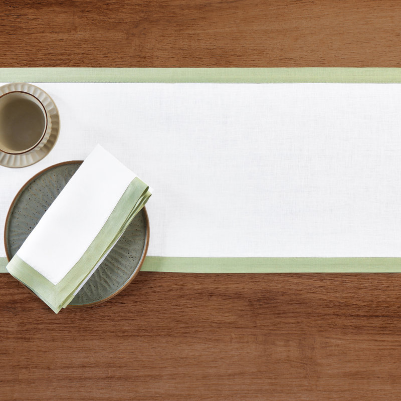 Classic - 100% Pure Linen Table Runner, 120" x 14", Narrow Border, Sage Green/White
