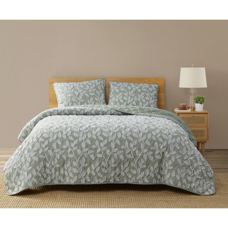 Ensemble de courtepointe à motif de feuilles vert saison, Courtepointe grand + 2 couvre-oreillers standard