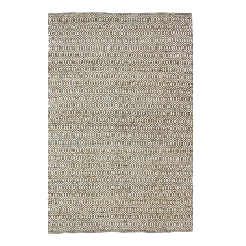 Tapis géométrique tissé à plat à la main blanc / brun, Rectangle 12 pi x 15 pi