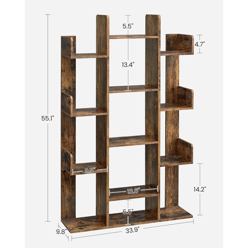 Bookshelf, Tree-Shaped Bookcase With 13 Storage Shelves, Rounded Corners, Rustic