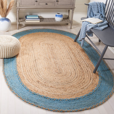 Trogdon Natural Fiber Hand Loomed Jute/Cotton Rug in Blue/Brown