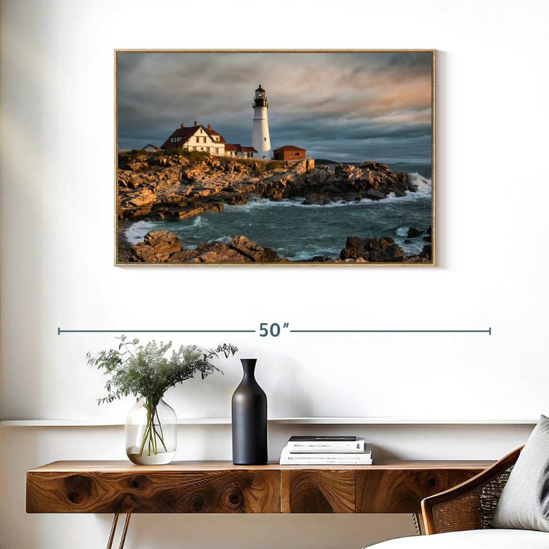 Phare de Portland Head, Maine, au lever du soleil, 37 po x 25 po, Cadre flottant en bois naturel